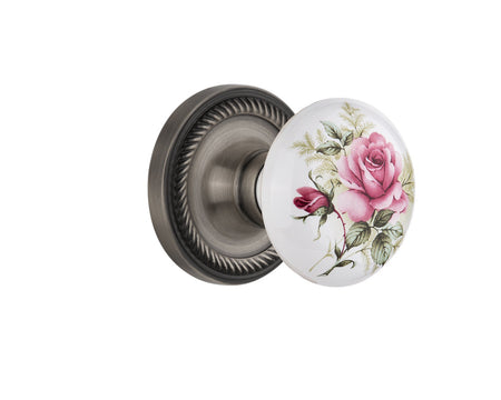 Nostalgic 711197: Rope Rosette w/White Rose Porcelain Knob Privacy Door Set - Antique Pewter