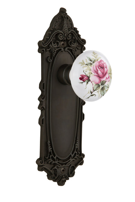 Nostalgic 711206: Victorian Backplate w/White Rose Porcelain Knob Privacy Door Set - Oil-Rubbed Bronze