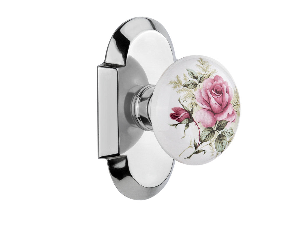 Nostalgic 711212: Cottage Backplate w/White Rose Porcelain Knob Privacy Door Set - Bright Chrome