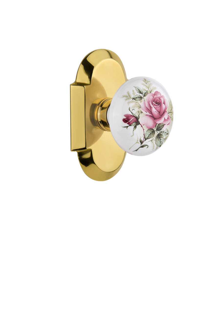 Nostalgic 711213: Cottage Backplate w/White Rose Porcelain Knob Privacy Door Set - Polished Brass