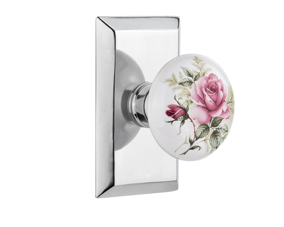 Nostalgic 711218: Studio Backplate w/White Rose Porcelain Knob Privacy Door Set - Bright Chrome