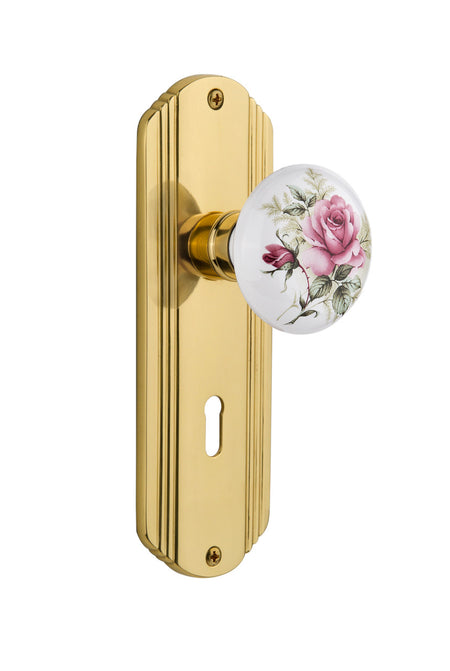 Nostalgic 711226: Deco Backplate w/White Rose Porcelain Knob Privacy Door Set - Polished Brass