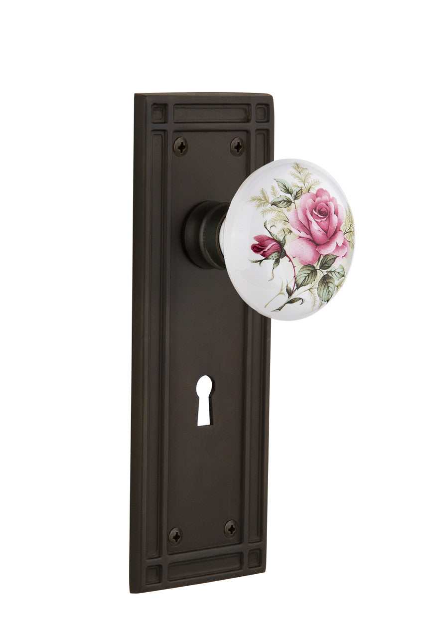 Nostalgic 711239: Meadows Backplate w/White Rose Porcelain Knob Privacy Door Set - Oil-Rubbed Bronze