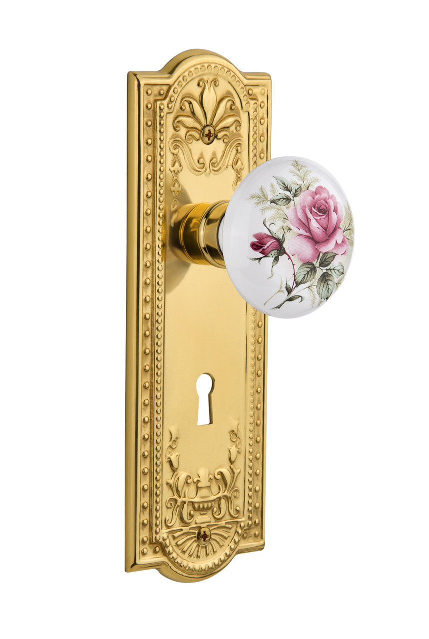 Nostalgic 711240: Meadows Backplate w/White Rose Porcelain Knob Privacy Door Set - Polished Brass