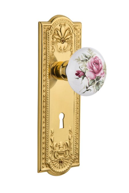 Nostalgic 711240: Meadows Backplate w/White Rose Porcelain Knob Privacy Door Set - Polished Brass