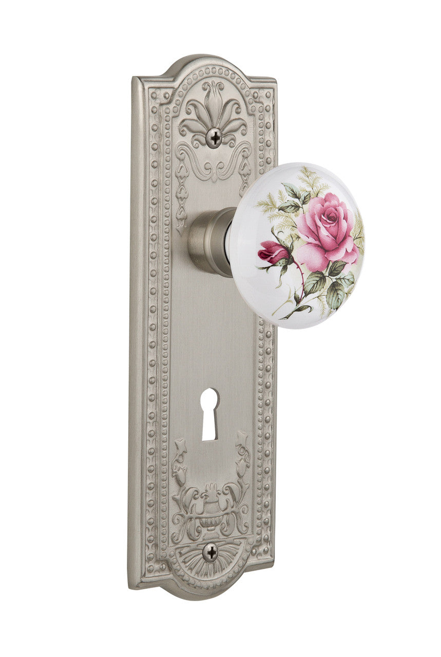 Nostalgic 711241: Meadows Backplate w/White Rose Porcelain Knob Privacy Door Set - Satin Nickel