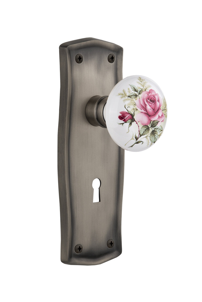 Nostalgic 711251: Prairie Backplate w/White Rose Porcelain Knob Privacy Door Set - Antique Pewter