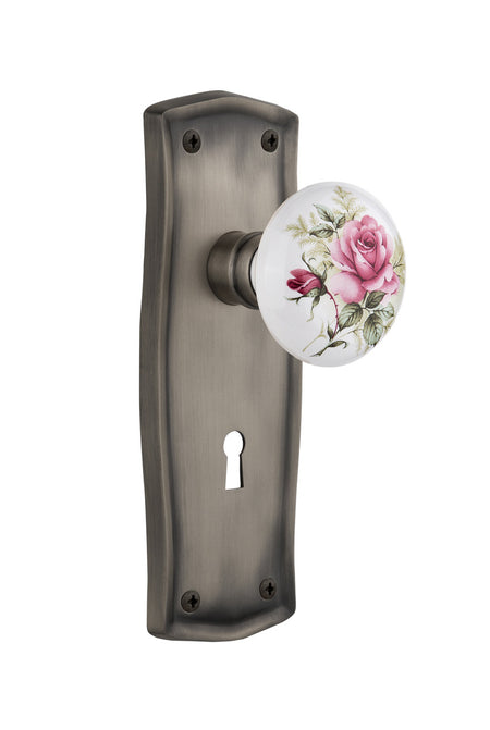 Nostalgic 711251: Prairie Backplate w/White Rose Porcelain Knob Privacy Door Set - Antique Pewter