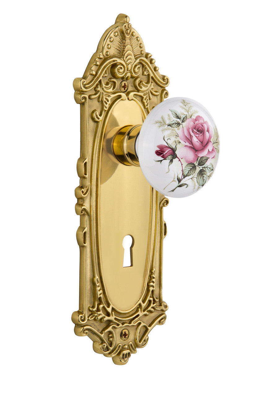 Nostalgic 711261: Victorian Backplate w/White Rose Porcelain Knob Privacy Door Set - Polished Brass