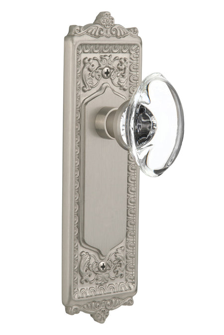 Nostalgic 711620: Egg & Dart Backplate w/Oval Clear Glass Crystal Knob Privacy Door Set - Satin Nickel