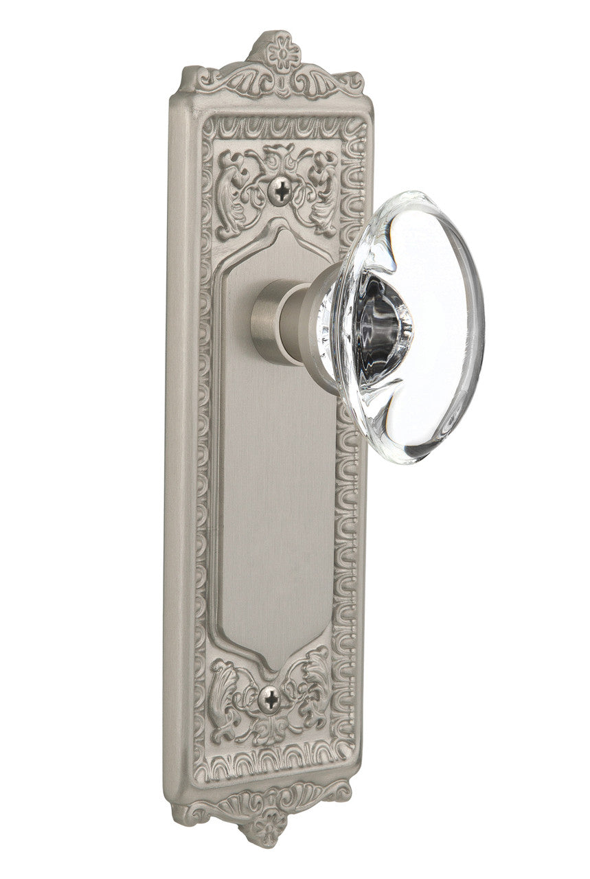 Nostalgic 711620: Egg & Dart Backplate w/Oval Clear Glass Crystal Knob Privacy Door Set - Satin Nickel