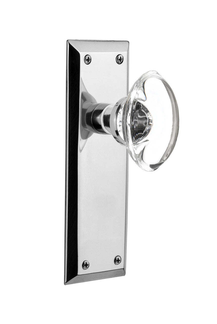 Nostalgic 711631: New York Backplate w/Oval Clear Glass Crystal Knob Privacy Door Set - Bright Chrome