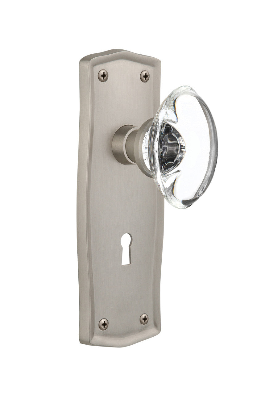 Nostalgic 711695: Prairie Backplate w/Oval Clear Glass Crystal Knob Privacy Door Set - Satin Nickel