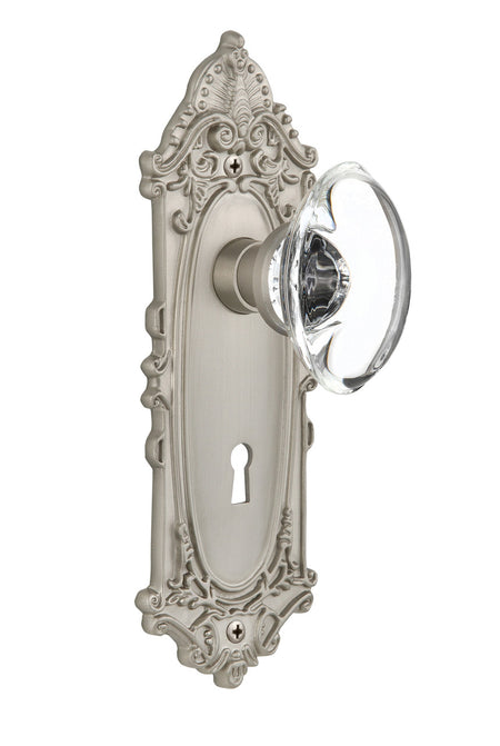 Nostalgic 711702: Victorian Backplate w/Oval Clear Glass Crystal Knob Privacy Door Set - Satin Nickel