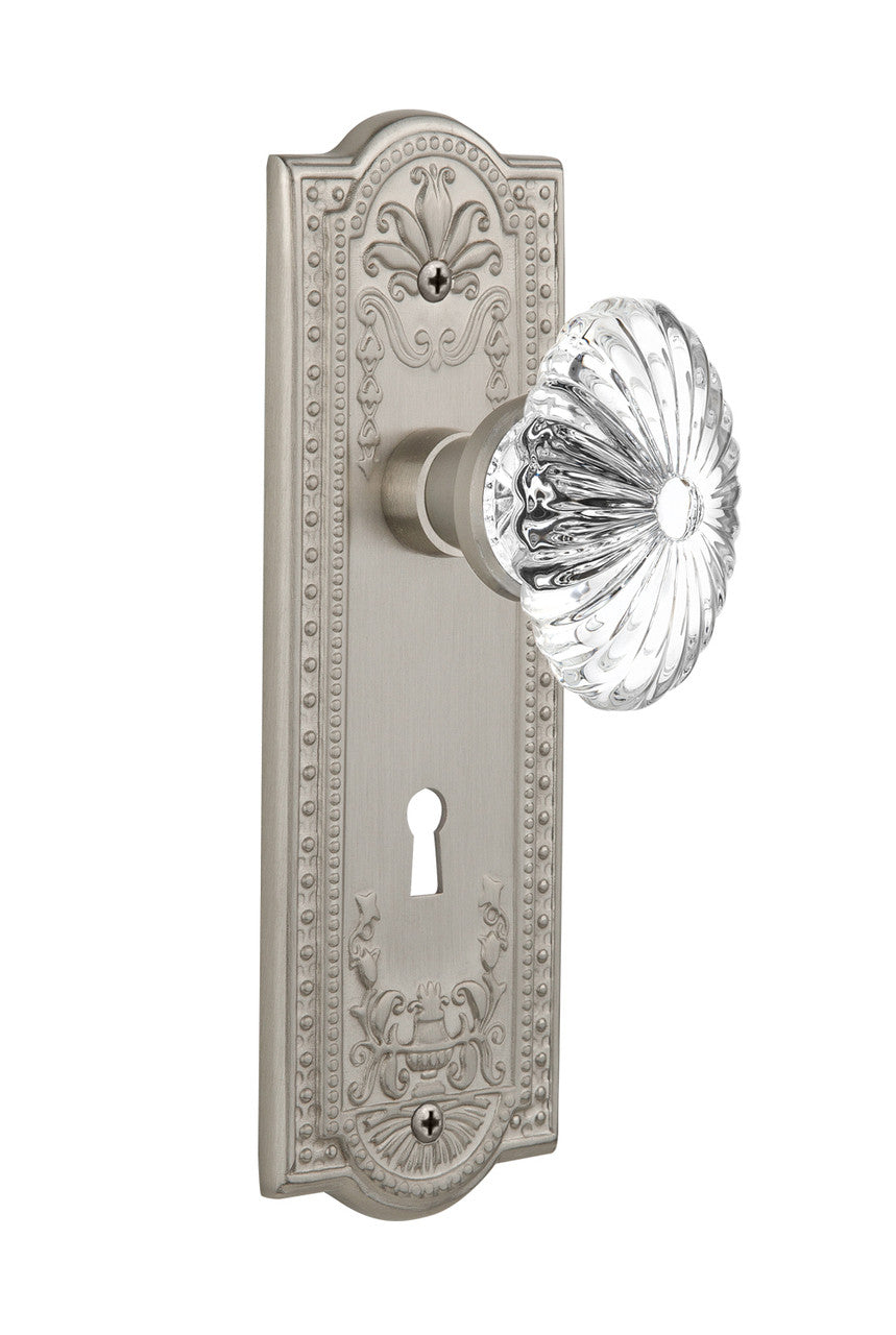Nostalgic 711833: Meadows Backplate w/Oval Fluted Clear Glass Crystal Knob Passage Door Set - Satin Nickel