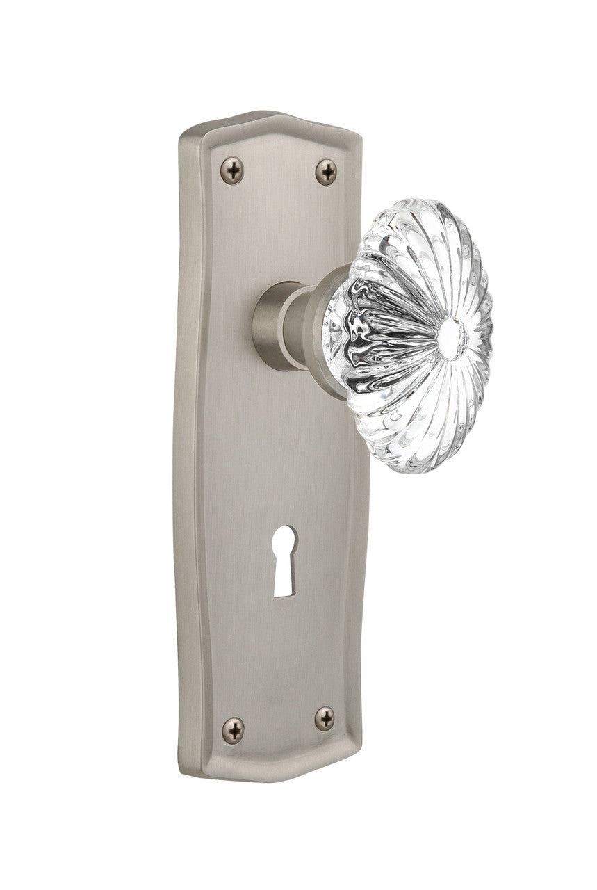 Nostalgic 711847: Prairie Backplate w/Oval Fluted Clear Glass Crystal Knob Passage Door Set - Satin Nickel