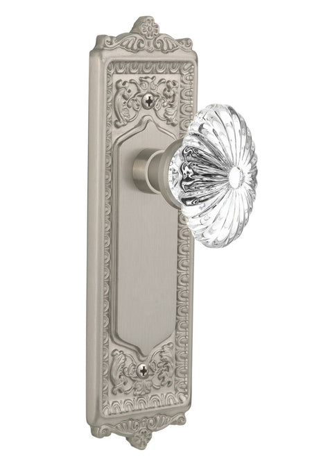 Nostalgic 711868: Egg & Dart Backplate w/Oval Fluted Clear Glass Crystal Knob Single Dummy Door Set - Satin Nickel