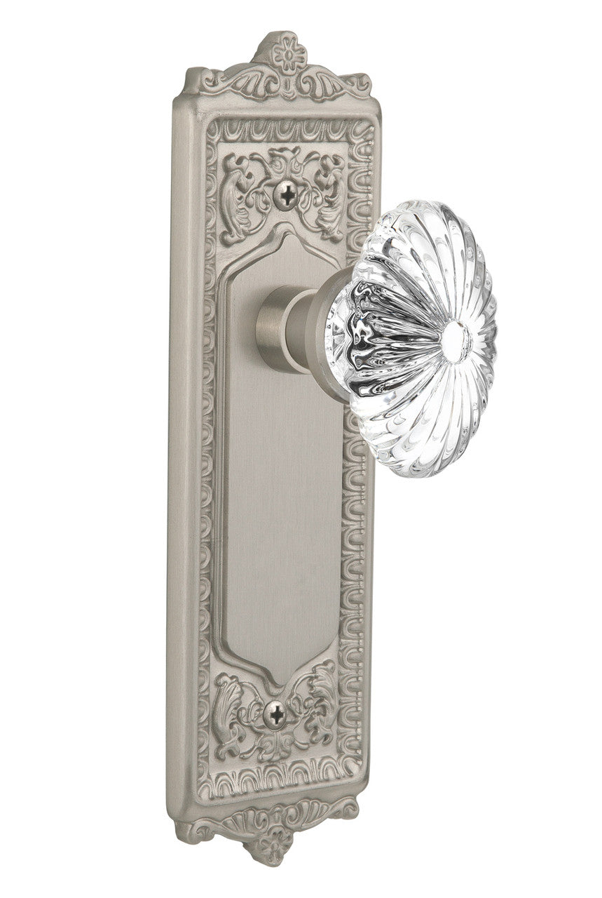 Nostalgic 711868: Egg & Dart Backplate w/Oval Fluted Clear Glass Crystal Knob Single Dummy Door Set - Satin Nickel