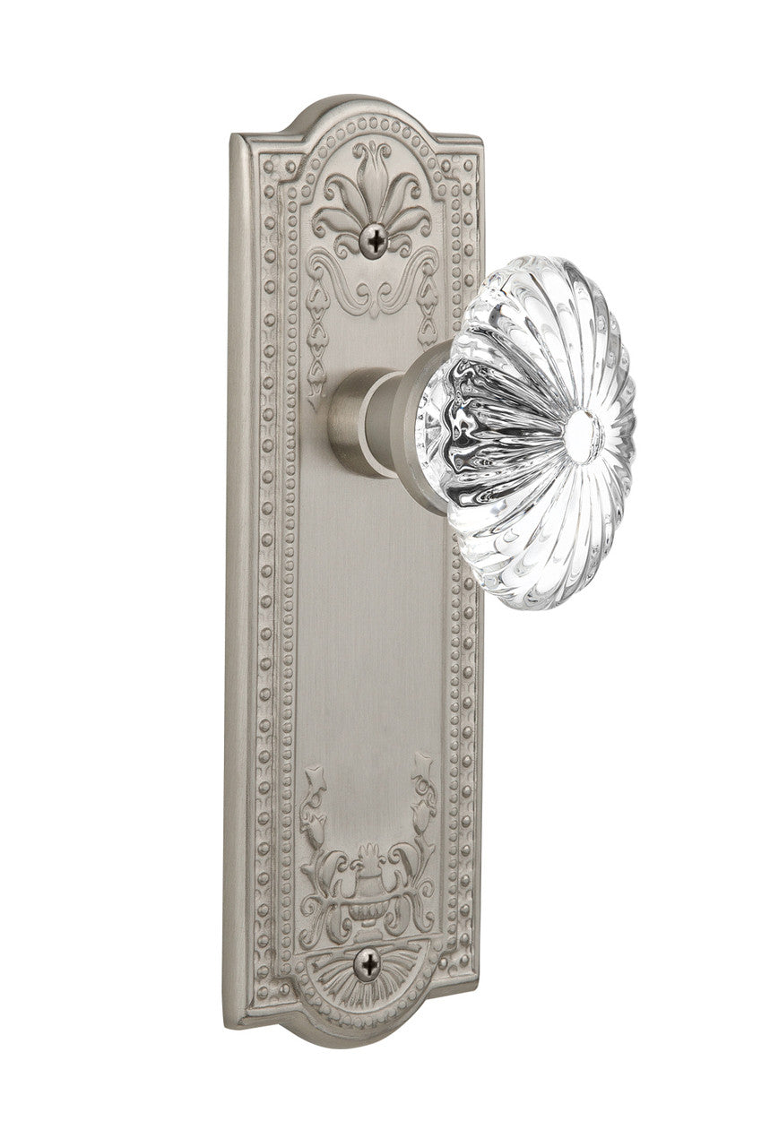 Nostalgic 711875: Meadows Backplate w/Oval Fluted Clear Glass Crystal Knob Single Dummy Door Set - Satin Nickel
