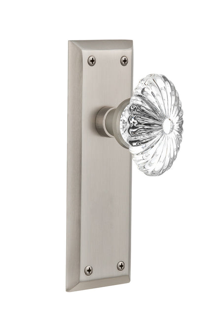 Nostalgic 711882: New York Backplate w/Oval Fluted Clear Glass Crystal Knob Single Dummy Door Set - Satin Nickel