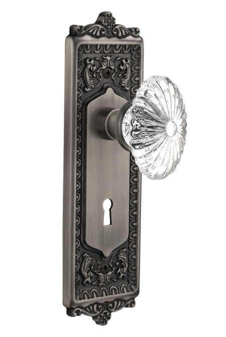 Nostalgic 711918: Egg & Dart Backplate w/Oval Fluted Clear Glass Crystal Knob Single Dummy Door Set - Antique Pewter