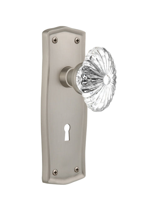 Nostalgic 711943: Prairie Backplate w/Oval Fluted Clear Glass Crystal Knob Single Dummy Door Set - Satin Nickel