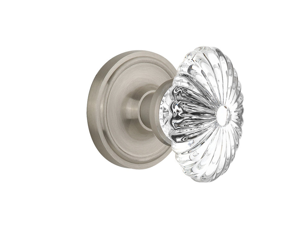 Nostalgic 712053: Classic Rosette w/Oval Fluted Clear Glass Crystal Knob Privacy Door Set - Satin Nickel