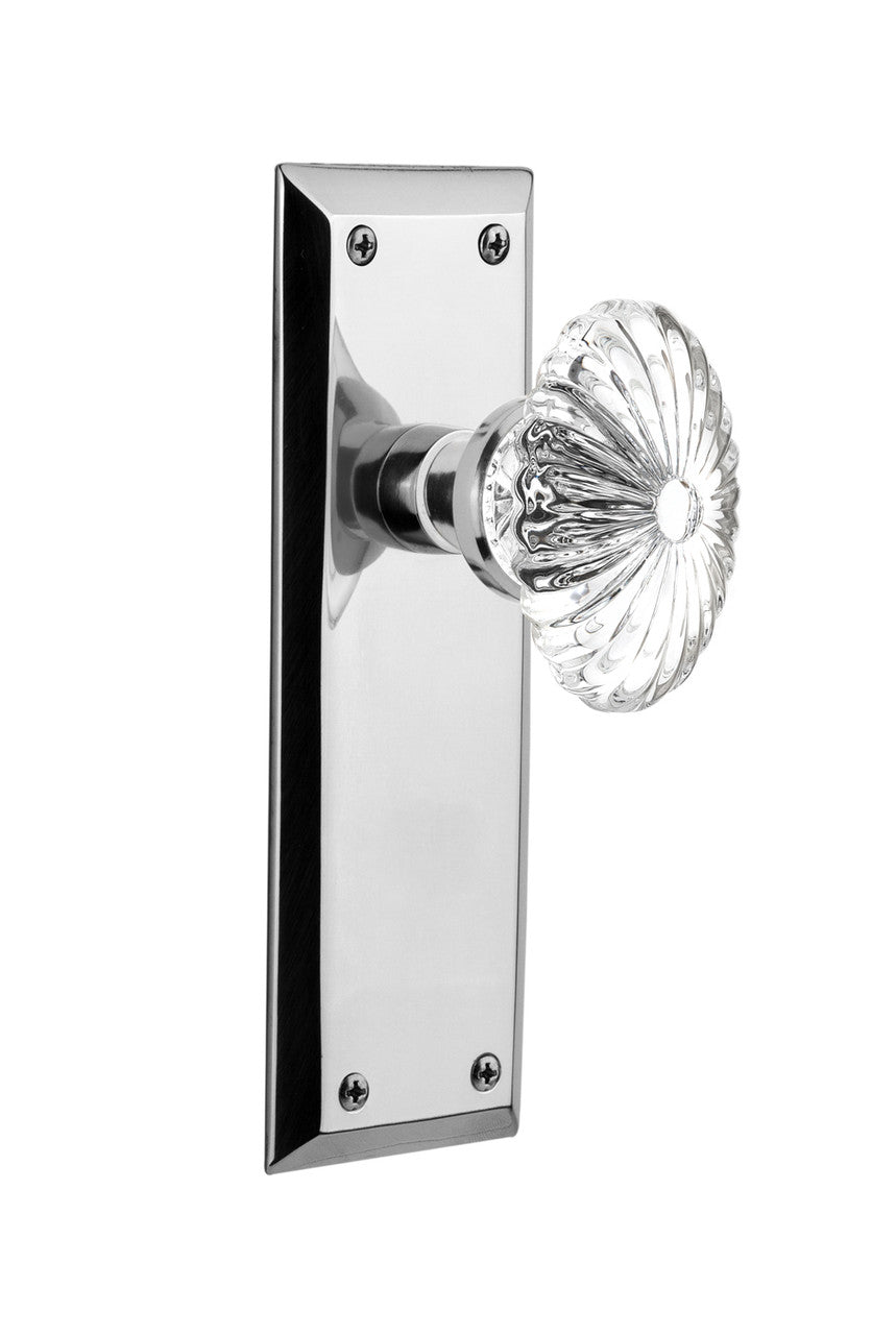 Nostalgic 712071: New York Backplate w/Oval Fluted Clear Glass Crystal Knob Privacy Door Set - Bright Chrome