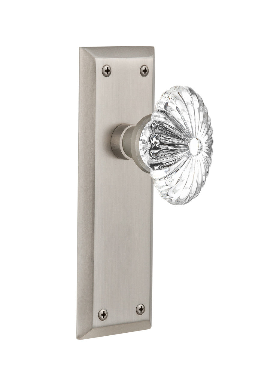 Nostalgic 712074: New York Backplate w/Oval Fluted Clear Glass Crystal Knob Privacy Door Set - Satin Nickel