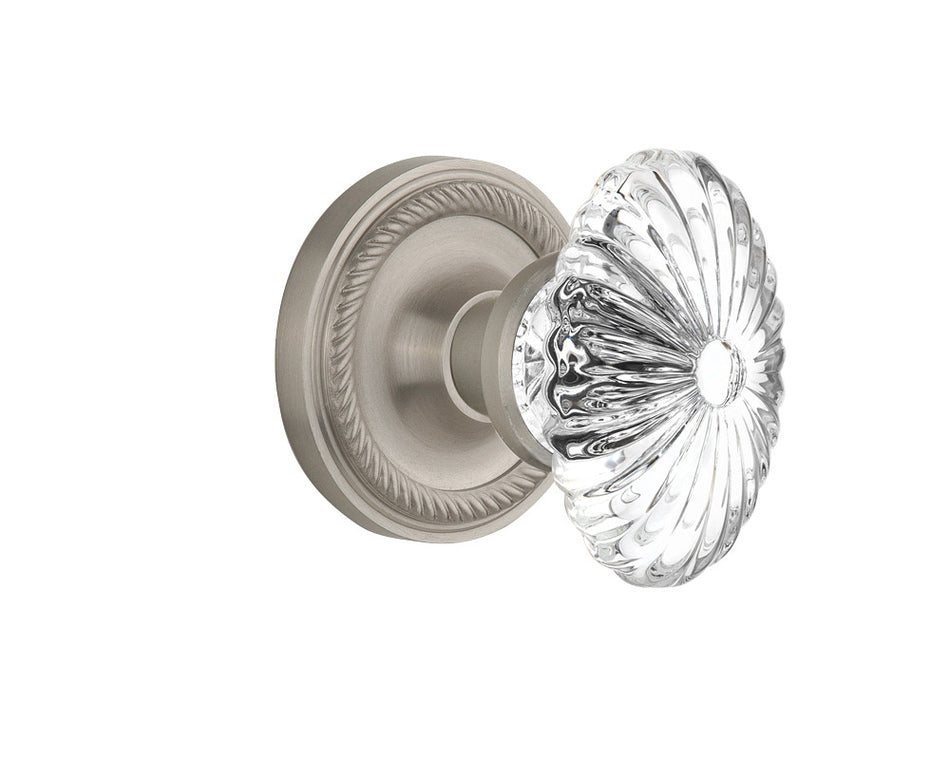 Nostalgic 712081: Rope Rosette w/Oval Fluted Clear Glass Crystal Knob Privacy Door Set - Satin Nickel