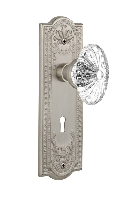 Nostalgic 712121: Meadows Backplate w/Oval Fluted Clear Glass Crystal Knob Privacy Door Set - Satin Nickel