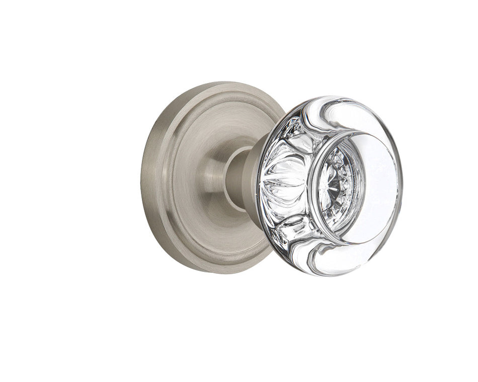 Nostalgic 712301: Classic Rosette w/Round Clear Glass Crystal Knob Single Dummy Door Set - Satin Nickel