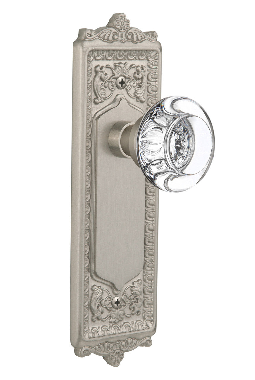 Nostalgic 712308: Egg & Dart Backplate w/Round Clear Glass Crystal Knob Single Dummy Door Set - Satin Nickel