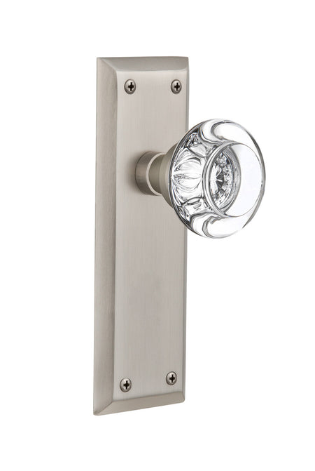 Nostalgic 712322: New York Backplate w/Round Clear Glass Crystal Knob Single Dummy Door Set - Satin Nickel