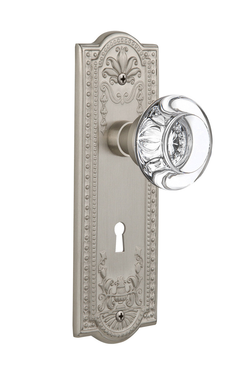 Nostalgic 712369: Meadows Backplate w/Round Clear Glass Crystal Knob Single Dummy Door Set - Satin Nickel