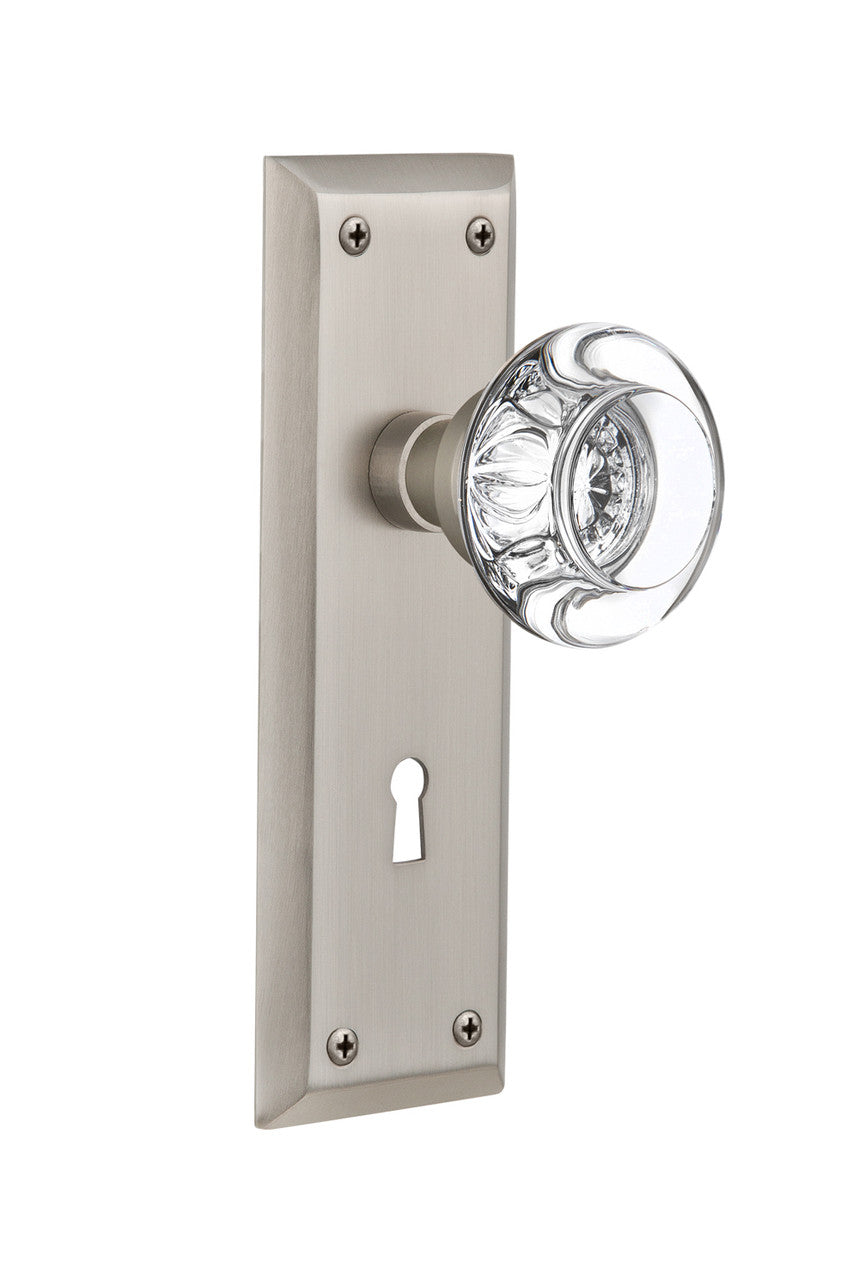 Nostalgic 712376: New York Backplate w/Round Clear Glass Crystal Knob Single Dummy Door Set - Satin Nickel