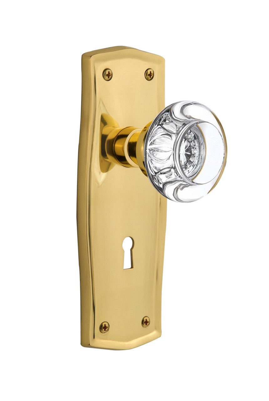 Nostalgic 712382: Prairie Backplate w/Round Clear Glass Crystal Knob Single Dummy Door Set - Polished Brass