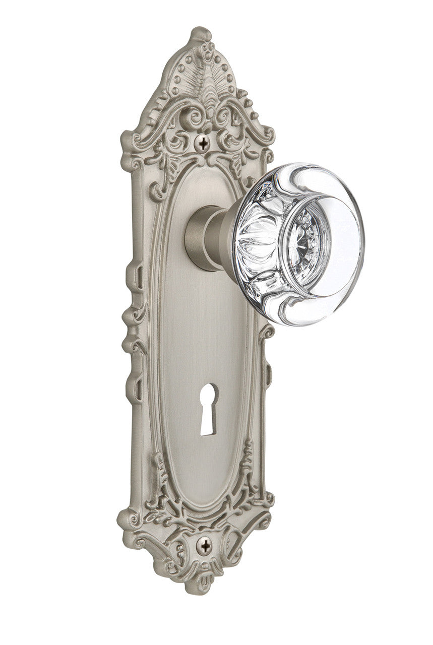 Nostalgic 712390: Victorian Backplate w/Round Clear Glass Crystal Knob Single Dummy Door Set - Satin Nickel