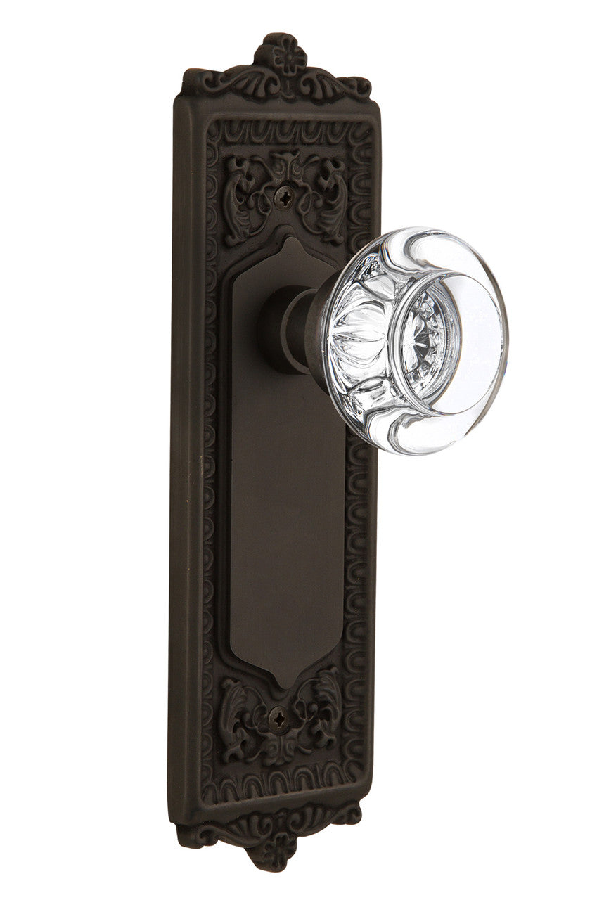 Nostalgic 712498: Egg & Dart Backplate w/Round Clear Glass Crystal Knob Privacy Door Set - Oil-Rubbed Bronze