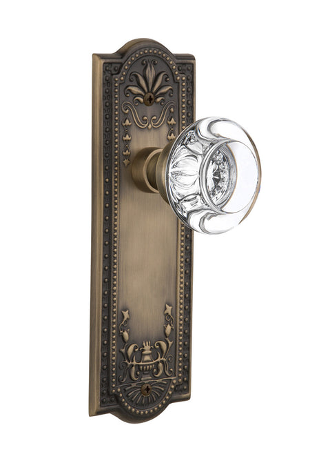 Nostalgic 712502: Meadows Backplate w/Round Clear Glass Crystal Knob Privacy Door Set - Antique Brass