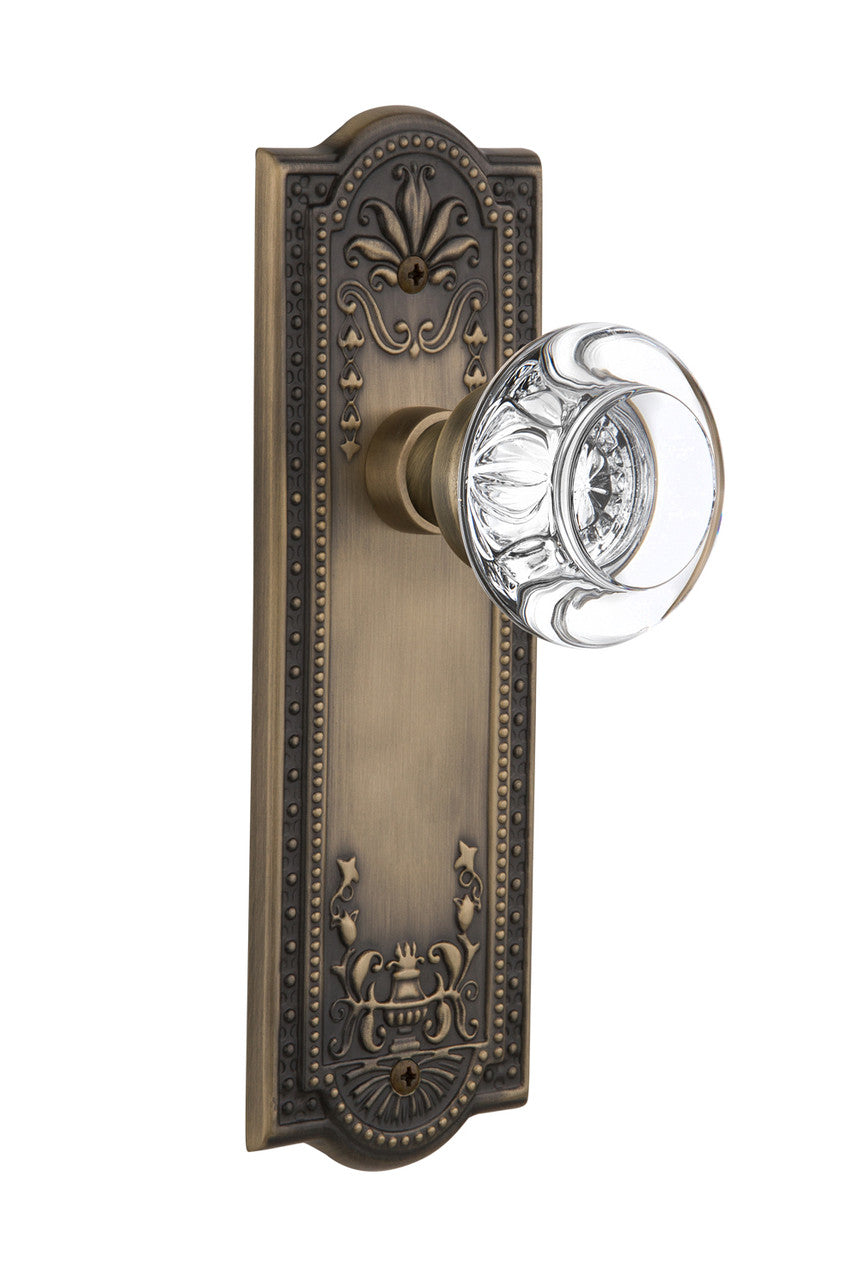 Nostalgic 712502: Meadows Backplate w/Round Clear Glass Crystal Knob Privacy Door Set - Antique Brass