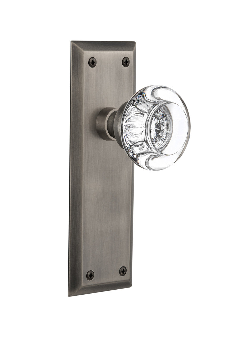 Nostalgic 712510: New York Backplate w/Round Clear Glass Crystal Knob Privacy Door Set - Antique Pewter