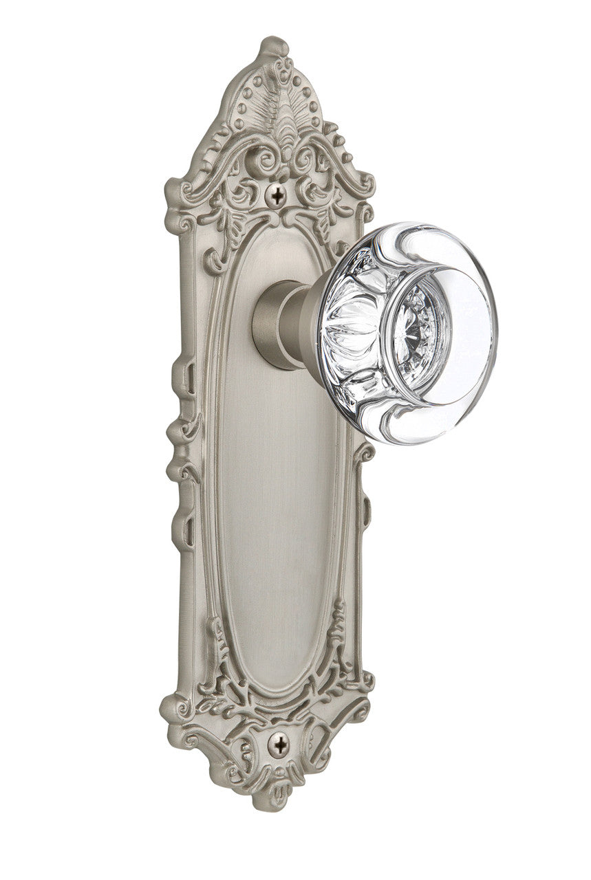 Nostalgic 712528: Victorian Backplate w/Round Clear Glass Crystal Knob Privacy Door Set - Satin Nickel