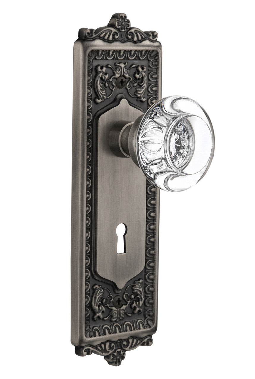 Nostalgic 712550: Egg & Dart Backplate w/Round Clear Glass Crystal Knob Privacy Door Set - Antique Pewter