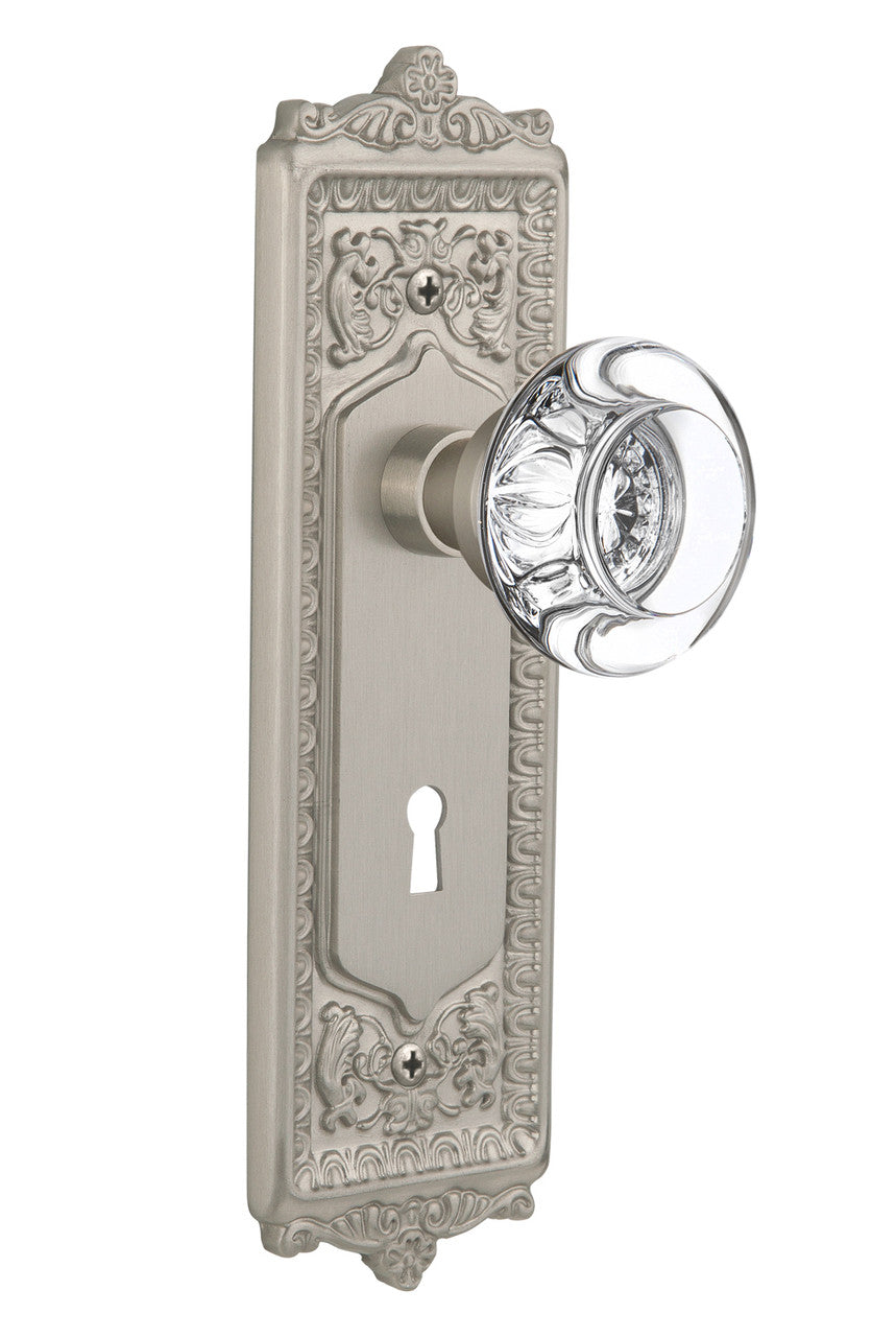 Nostalgic 712554: Egg & Dart Backplate w/Round Clear Glass Crystal Knob Privacy Door Set - Satin Nickel