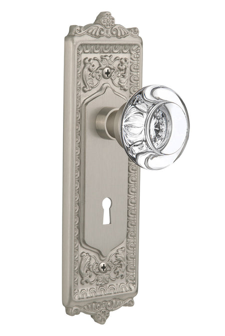 Nostalgic 712554: Egg & Dart Backplate w/Round Clear Glass Crystal Knob Privacy Door Set - Satin Nickel