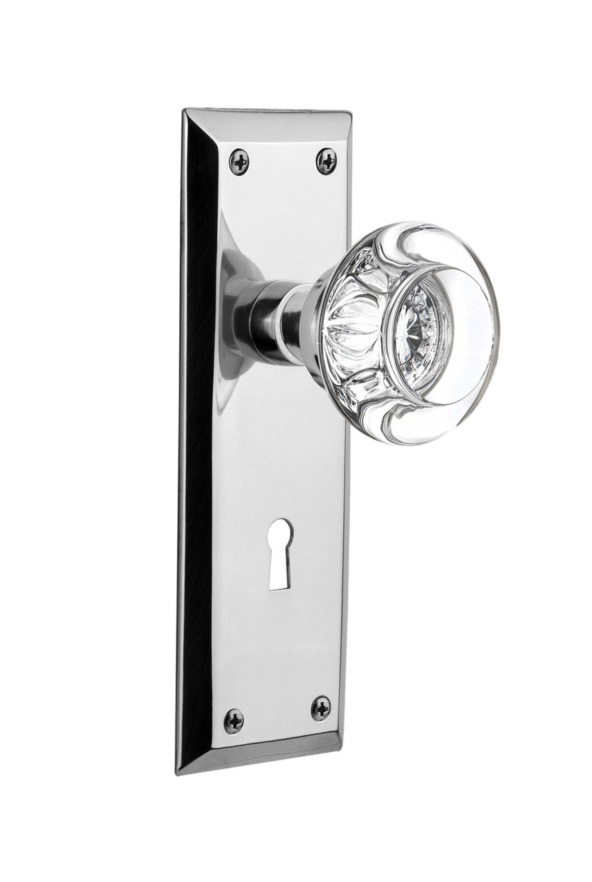 Nostalgic 712565: New York Backplate w/Round Clear Glass Crystal Knob Privacy Door Set - Bright Chrome