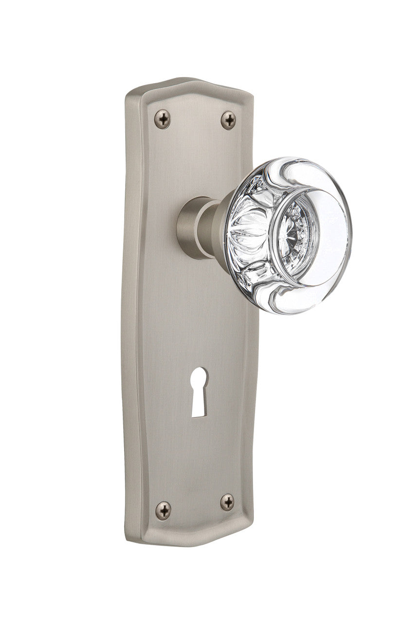 Nostalgic 712575: Prairie Backplate w/Round Clear Glass Crystal Knob Privacy Door Set - Satin Nickel