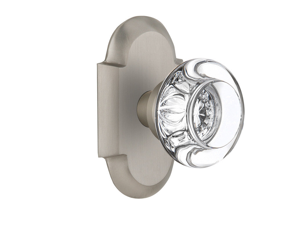 Nostalgic 712853: Cottage Backplate w/Round Clear Glass Crystal Knob Passage Door Set - Satin Nickel