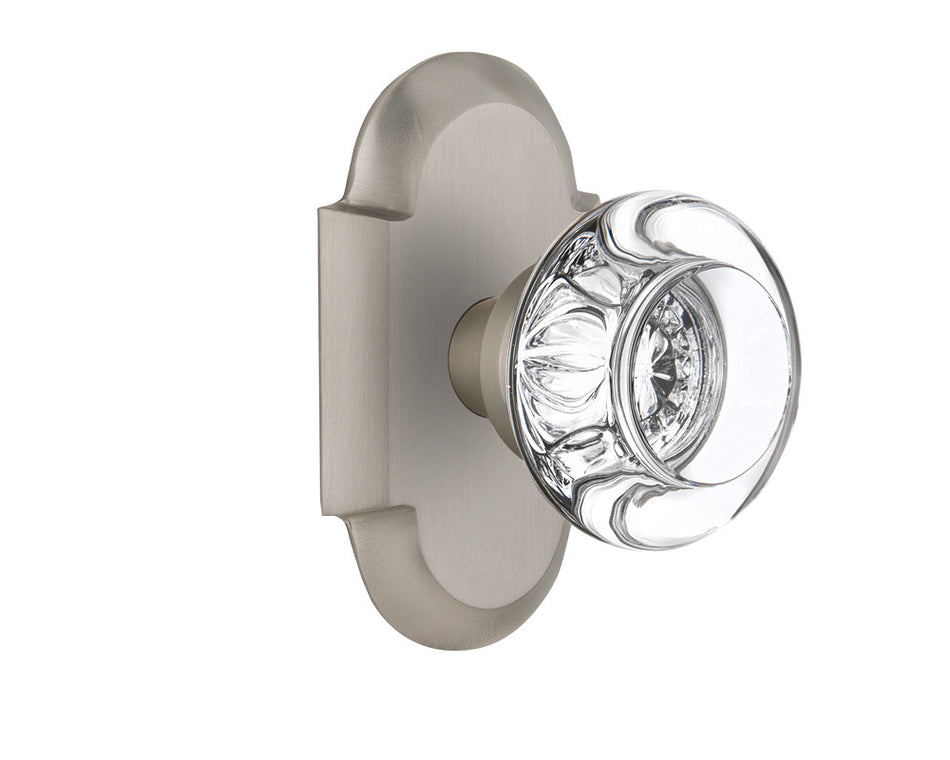 Nostalgic 712853: Cottage Backplate w/Round Clear Glass Crystal Knob Passage Door Set - Satin Nickel